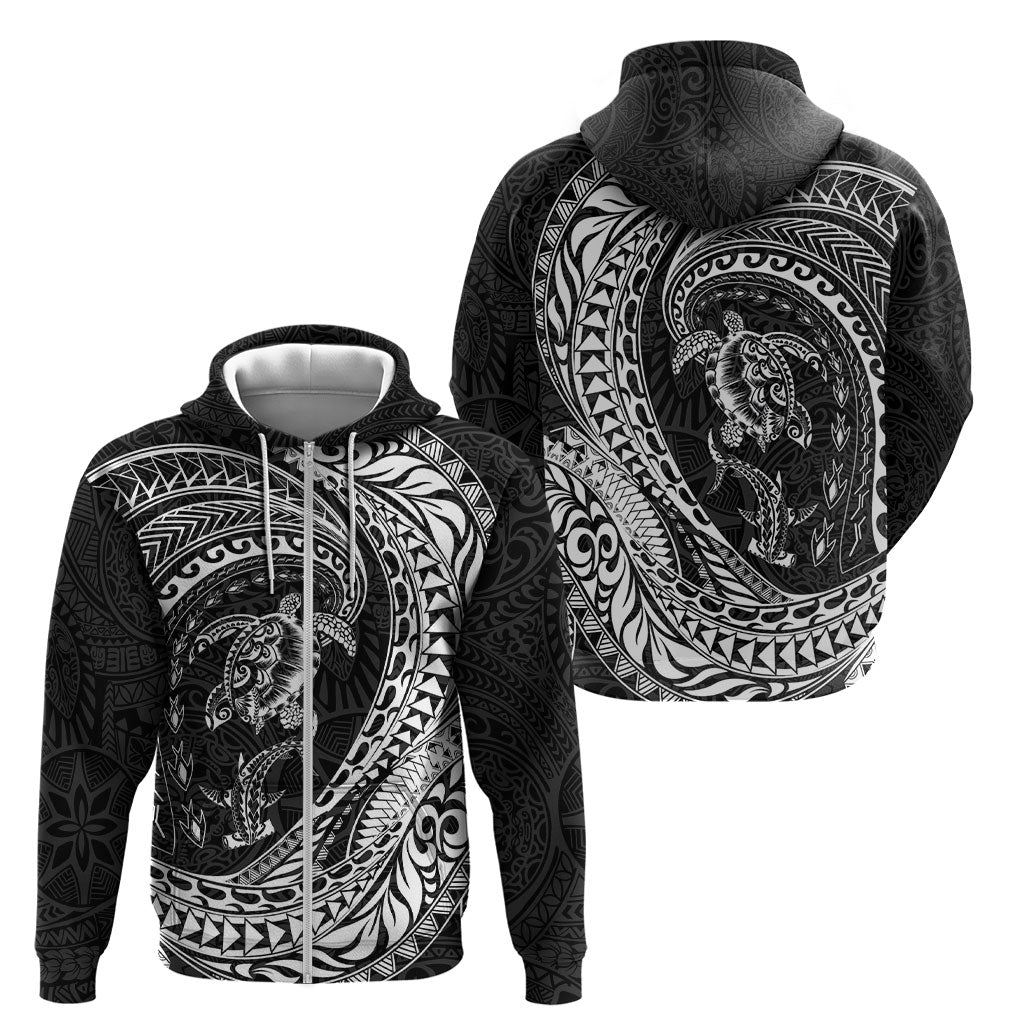 Hawaiian Turtle and Shark Zip Hoodie Kakau Tribal with Polynesian Pattern Black Color