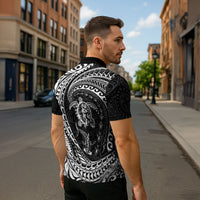 Hawaiian Turtle and Shark Zipper Polo Shirt Kakau Tribal with Polynesian Pattern Black Color