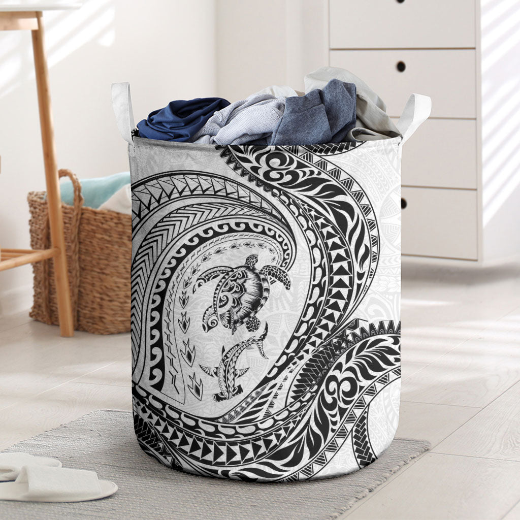 Hawaiian Turtle and Shark Laundry Basket Kakau Tribal with Polynesian Pattern White Color