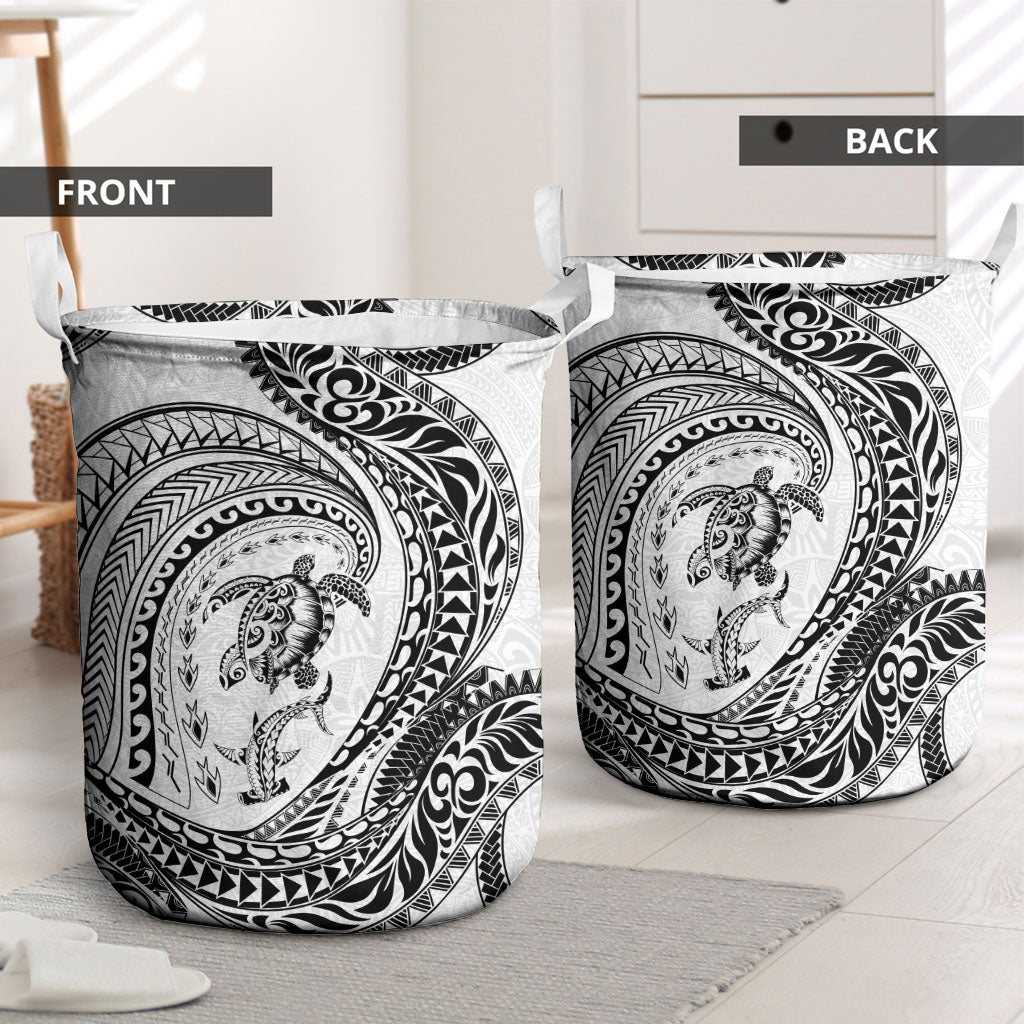Hawaiian Turtle and Shark Laundry Basket Kakau Tribal with Polynesian Pattern White Color