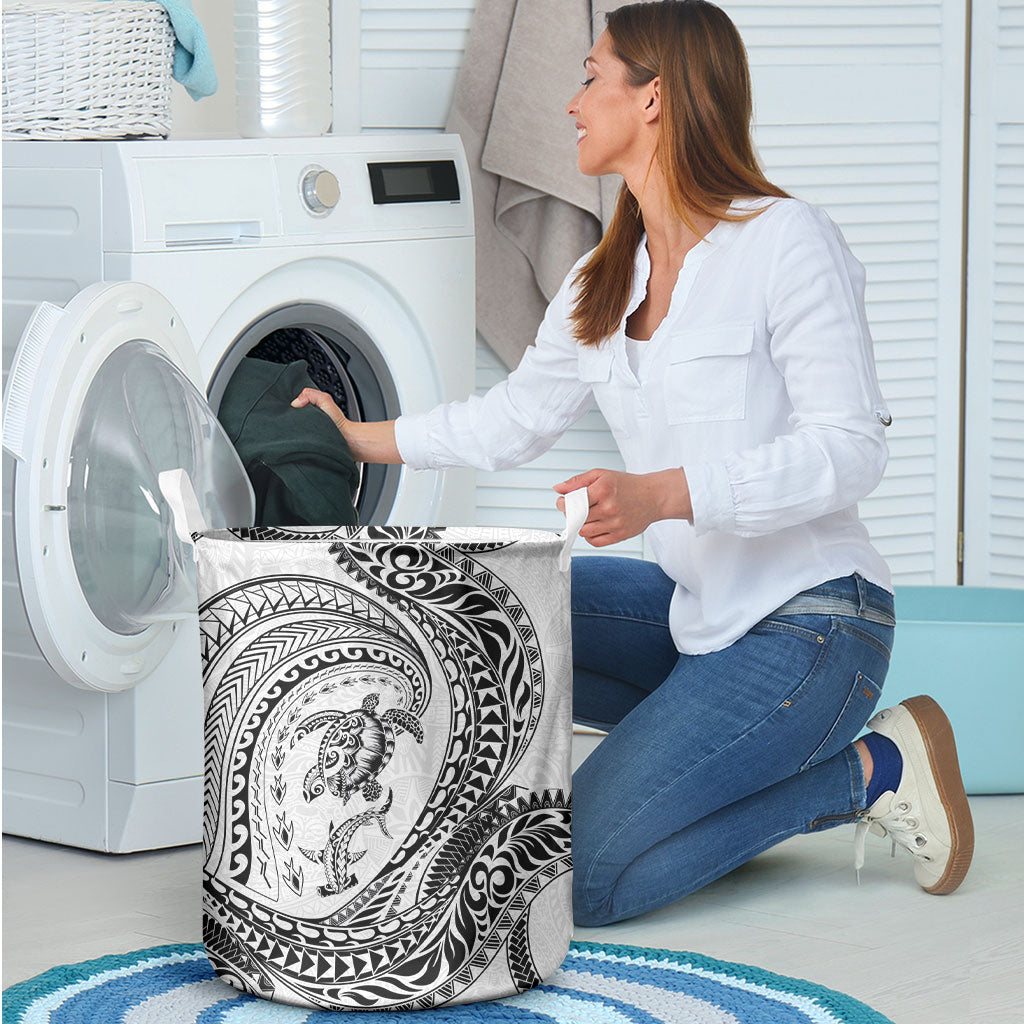 Hawaiian Turtle and Shark Laundry Basket Kakau Tribal with Polynesian Pattern White Color