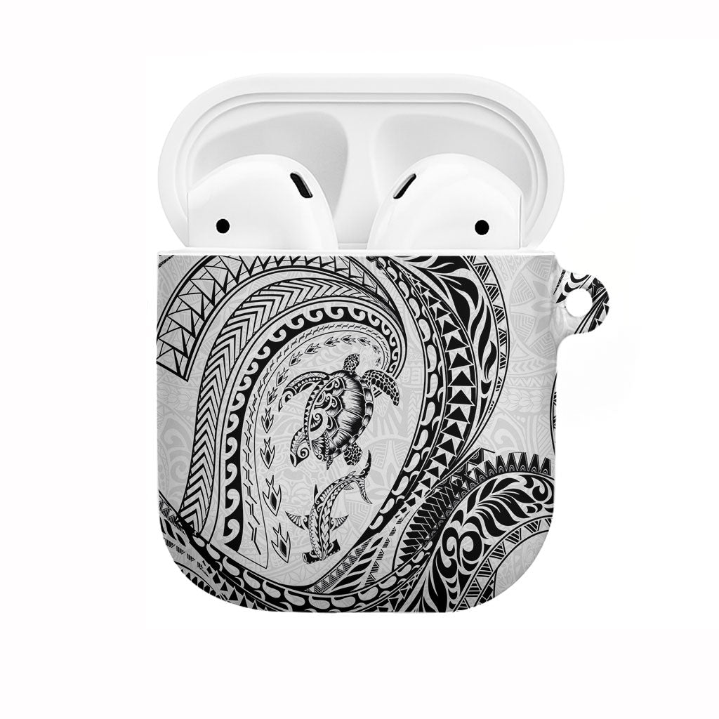 Hawaiian Turtle and Shark AirPods Case Kakau Tribal with Polynesian Pattern White Color
