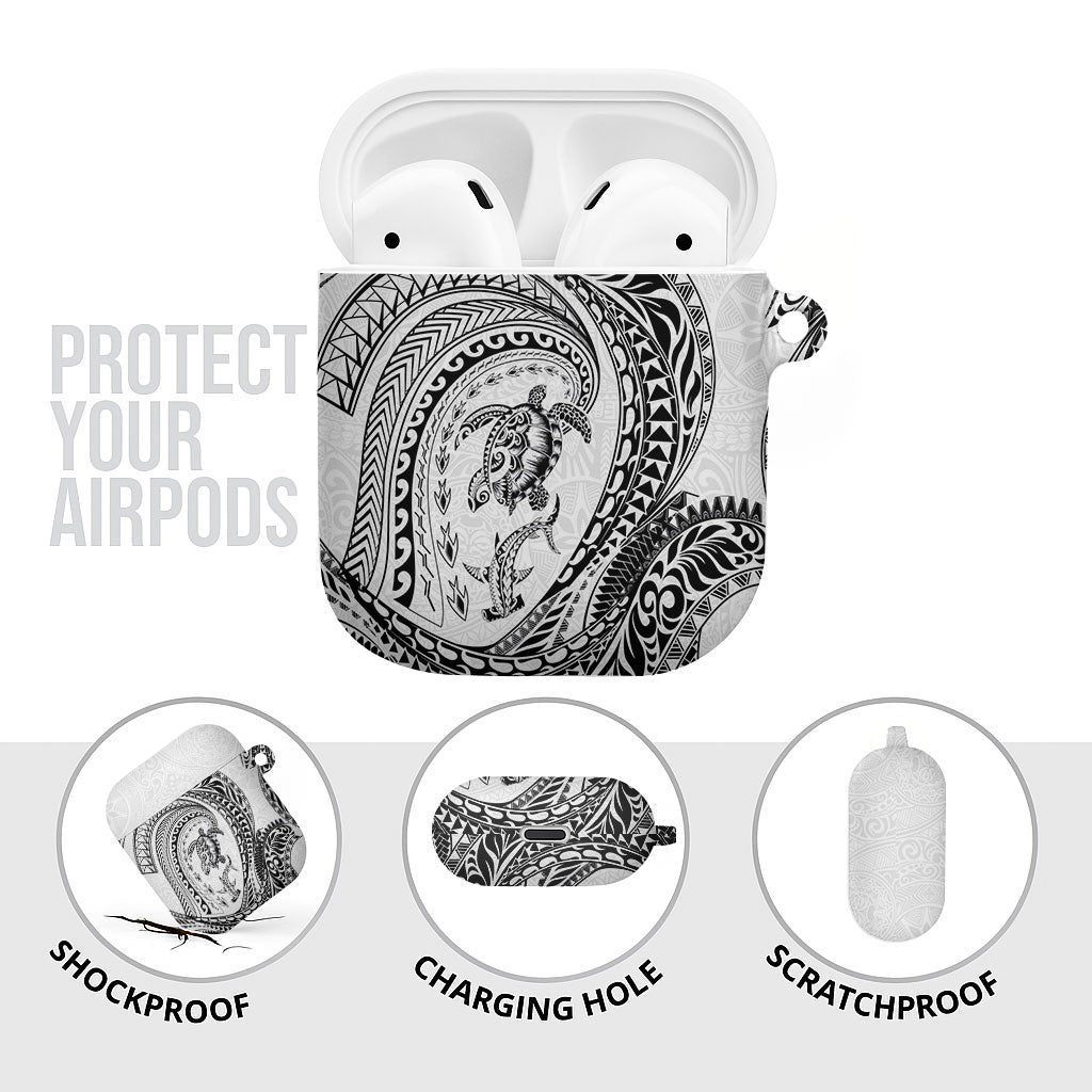 Hawaiian Turtle and Shark AirPods Case Kakau Tribal with Polynesian Pattern White Color