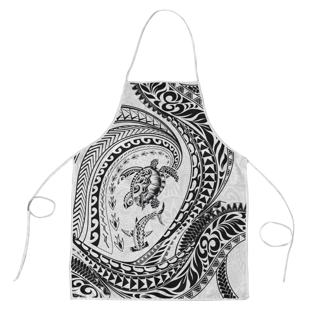 Hawaiian Turtle and Shark Apron Kakau Tribal with Polynesian Pattern White Color
