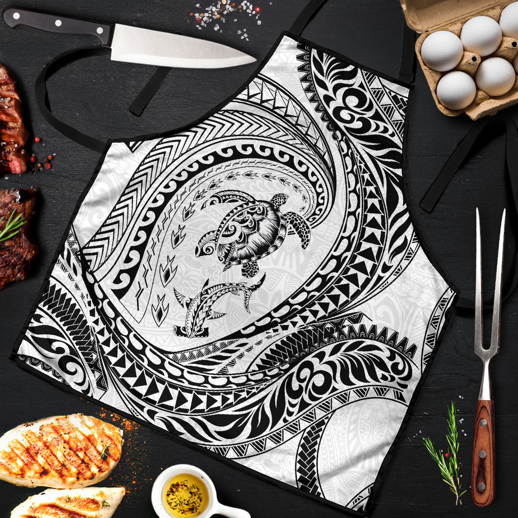 Hawaiian Turtle and Shark Apron Kakau Tribal with Polynesian Pattern White Color