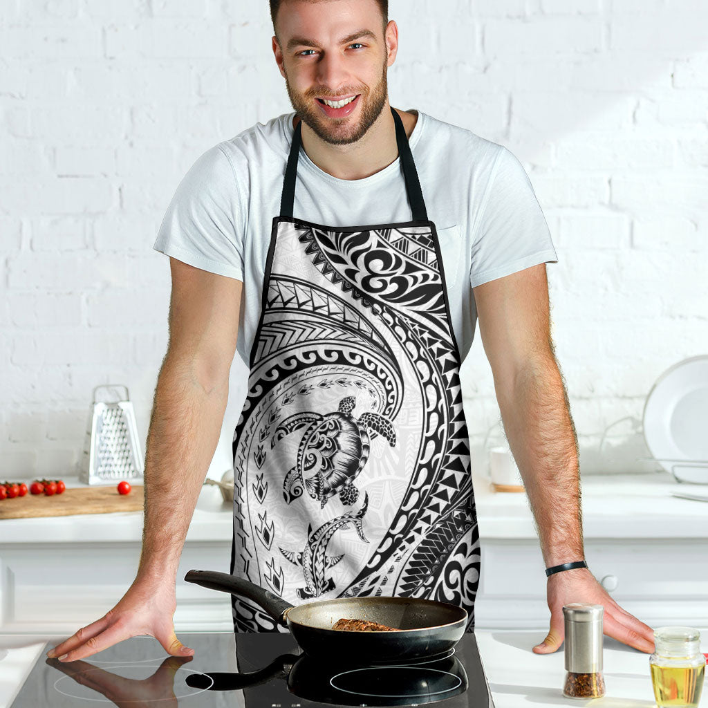 Hawaiian Turtle and Shark Apron Kakau Tribal with Polynesian Pattern White Color
