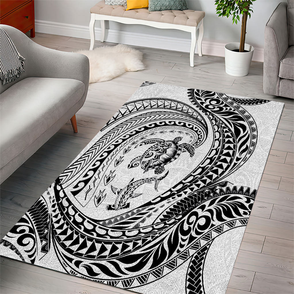 Hawaiian Turtle and Shark Area Rug Kakau Tribal with Polynesian Pattern White Color