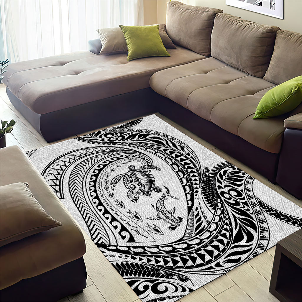 Hawaiian Turtle and Shark Area Rug Kakau Tribal with Polynesian Pattern White Color