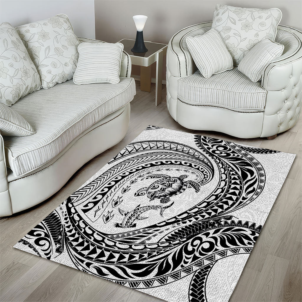 Hawaiian Turtle and Shark Area Rug Kakau Tribal with Polynesian Pattern White Color