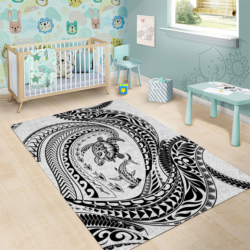 Hawaiian Turtle and Shark Area Rug Kakau Tribal with Polynesian Pattern White Color