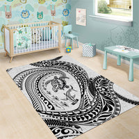 Hawaiian Turtle and Shark Area Rug Kakau Tribal with Polynesian Pattern White Color