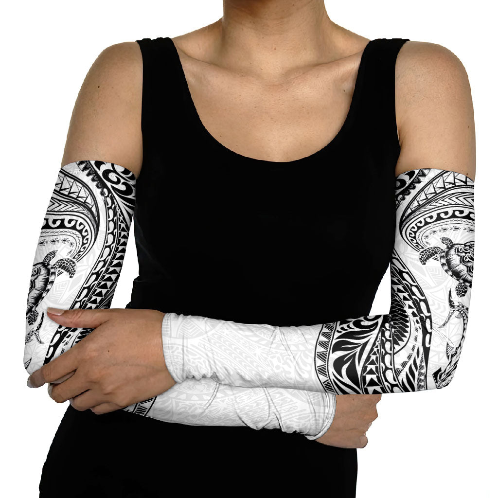 Hawaiian Turtle and Shark Arm Sleeves Kakau Tribal with Polynesian Pattern White Color