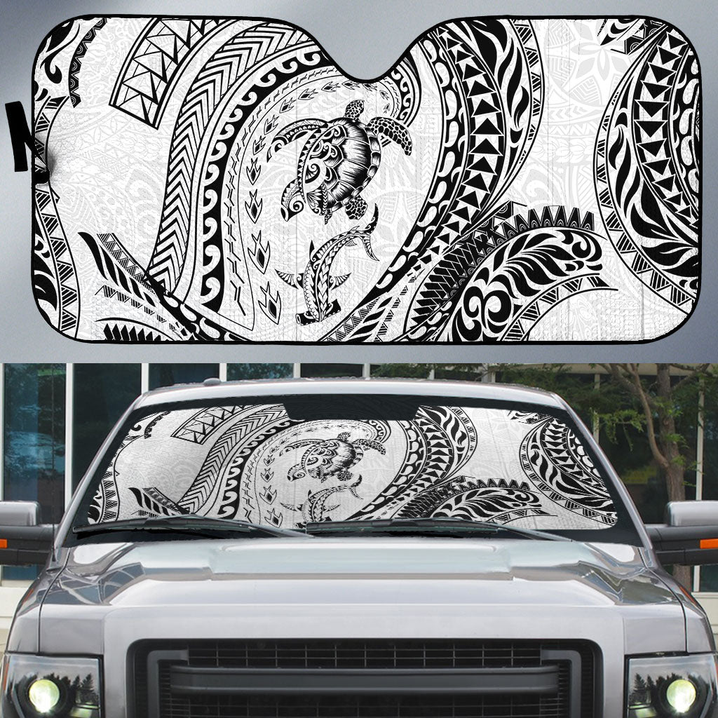 Hawaiian Turtle and Shark Auto Sun Shade Kakau Tribal with Polynesian Pattern White Color