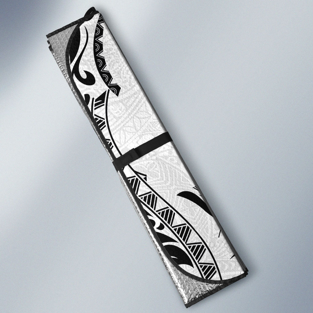 Hawaiian Turtle and Shark Auto Sun Shade Kakau Tribal with Polynesian Pattern White Color