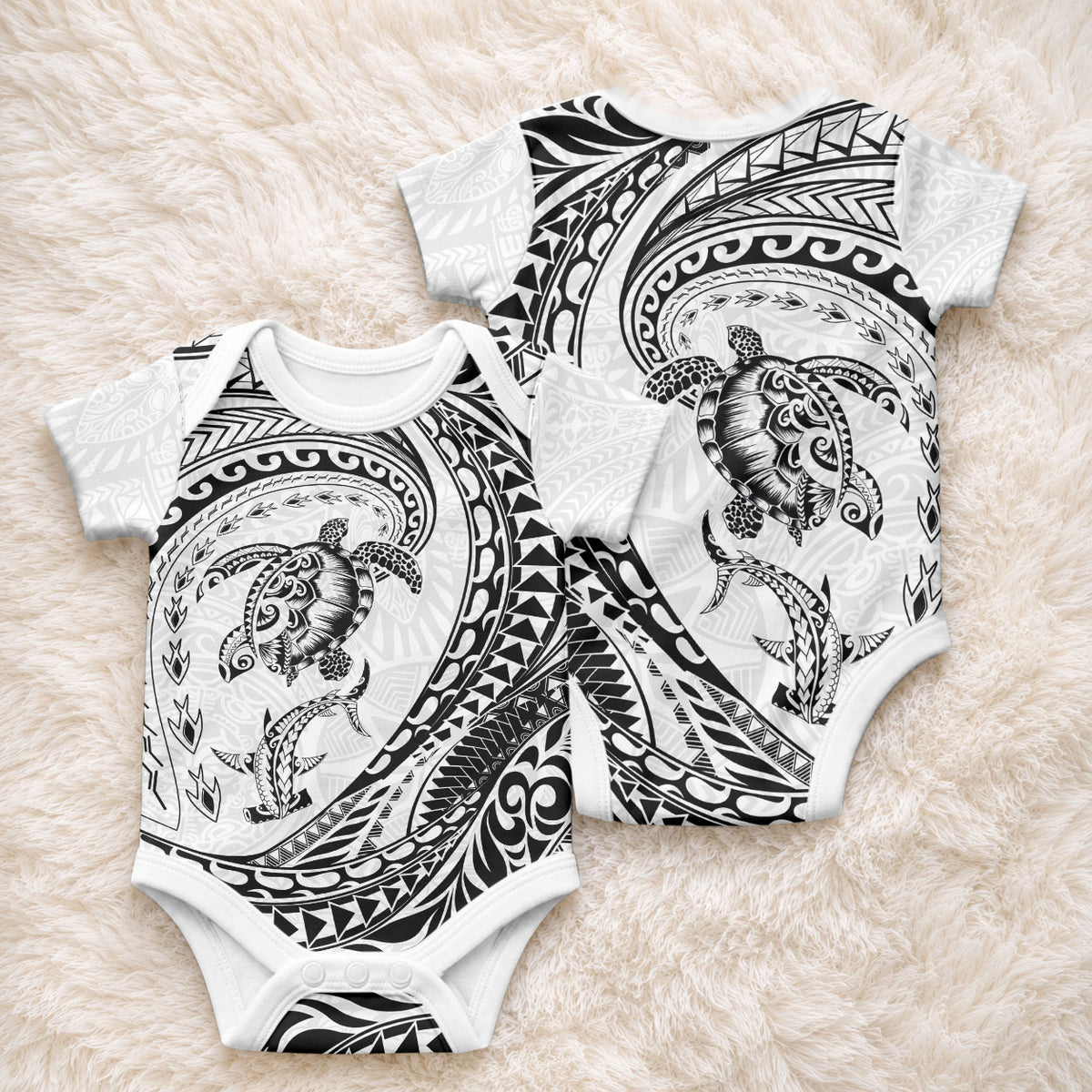 Hawaiian Turtle and Shark Baby Onesie Kakau Tribal with Polynesian Pattern White Color LT03 - Polynesian Pride