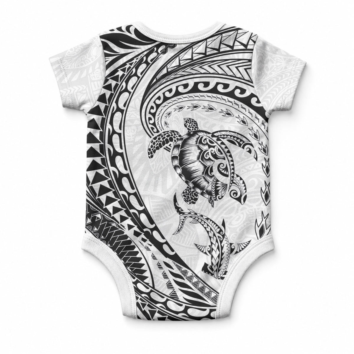 Hawaiian Turtle and Shark Baby Onesie Kakau Tribal with Polynesian Pattern White Color LT03 - Polynesian Pride