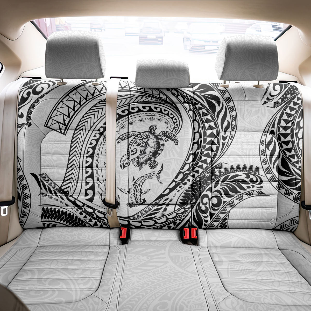 Hawaiian Turtle and Shark Back Car Seat Cover Kakau Tribal with Polynesian Pattern White Color