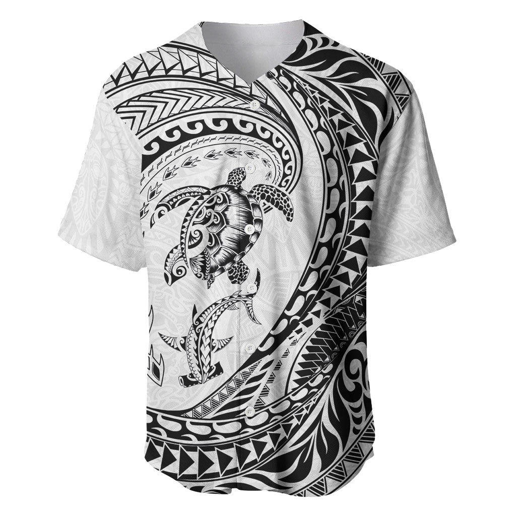 Hawaiian Turtle and Shark Baseball Jersey Kakau Tribal with Polynesian Pattern White Color