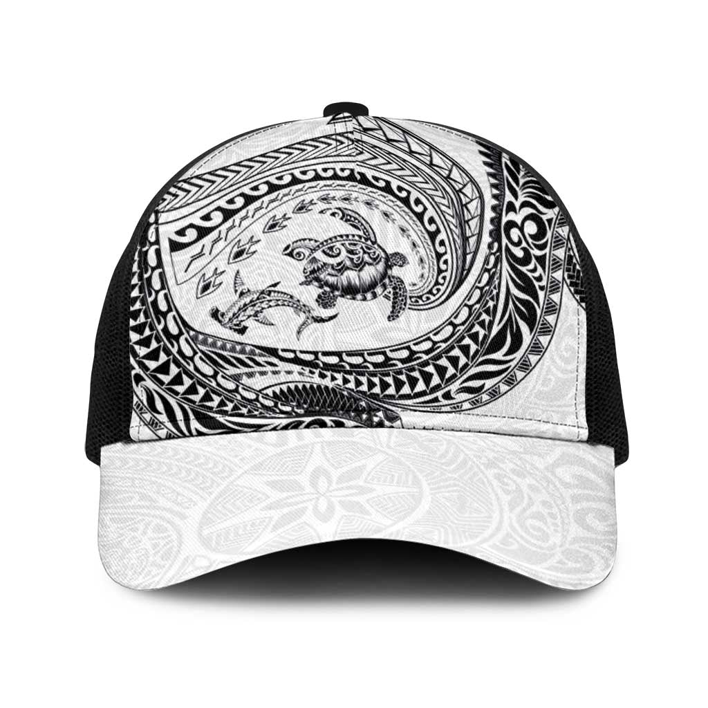 Hawaiian Turtle and Shark Baseball Net Cap Kakau Tribal with Polynesian Pattern White Color
