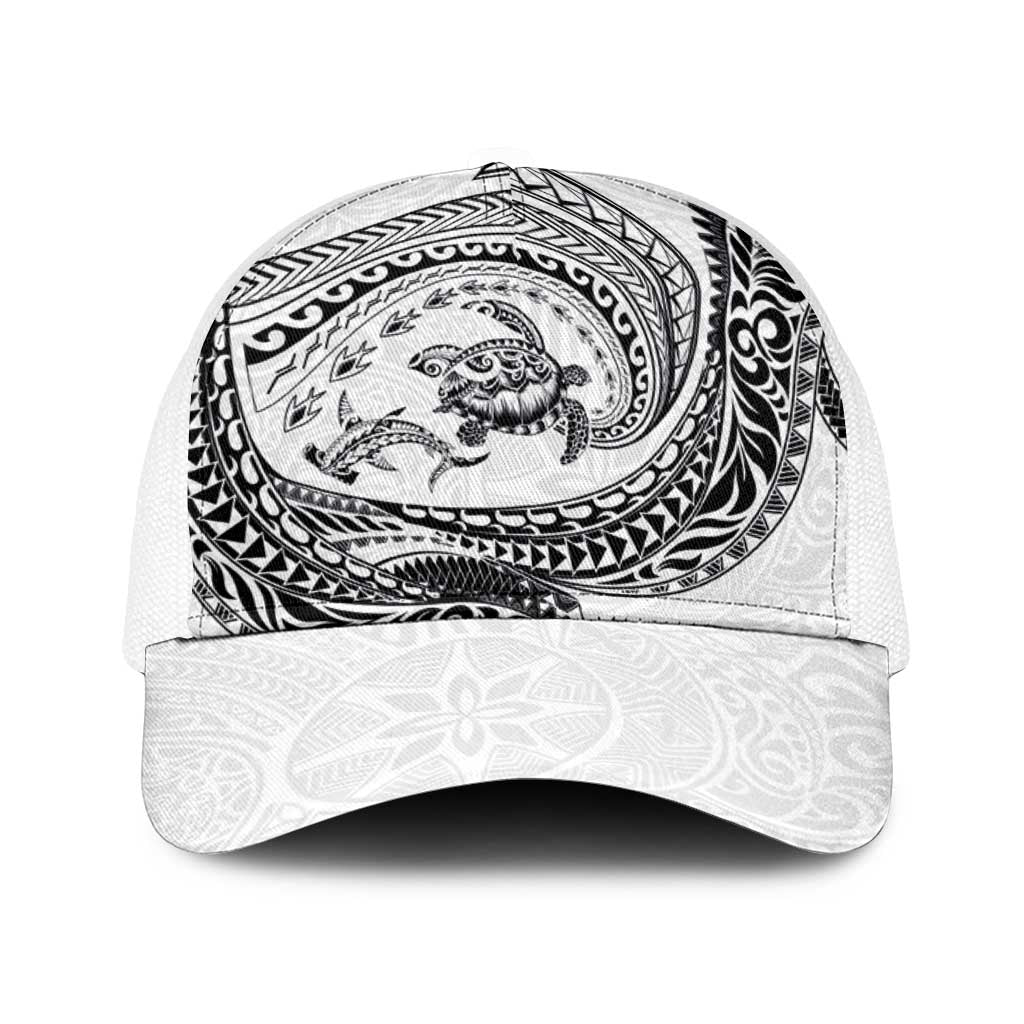 Hawaiian Turtle and Shark Baseball Net Cap Kakau Tribal with Polynesian Pattern White Color