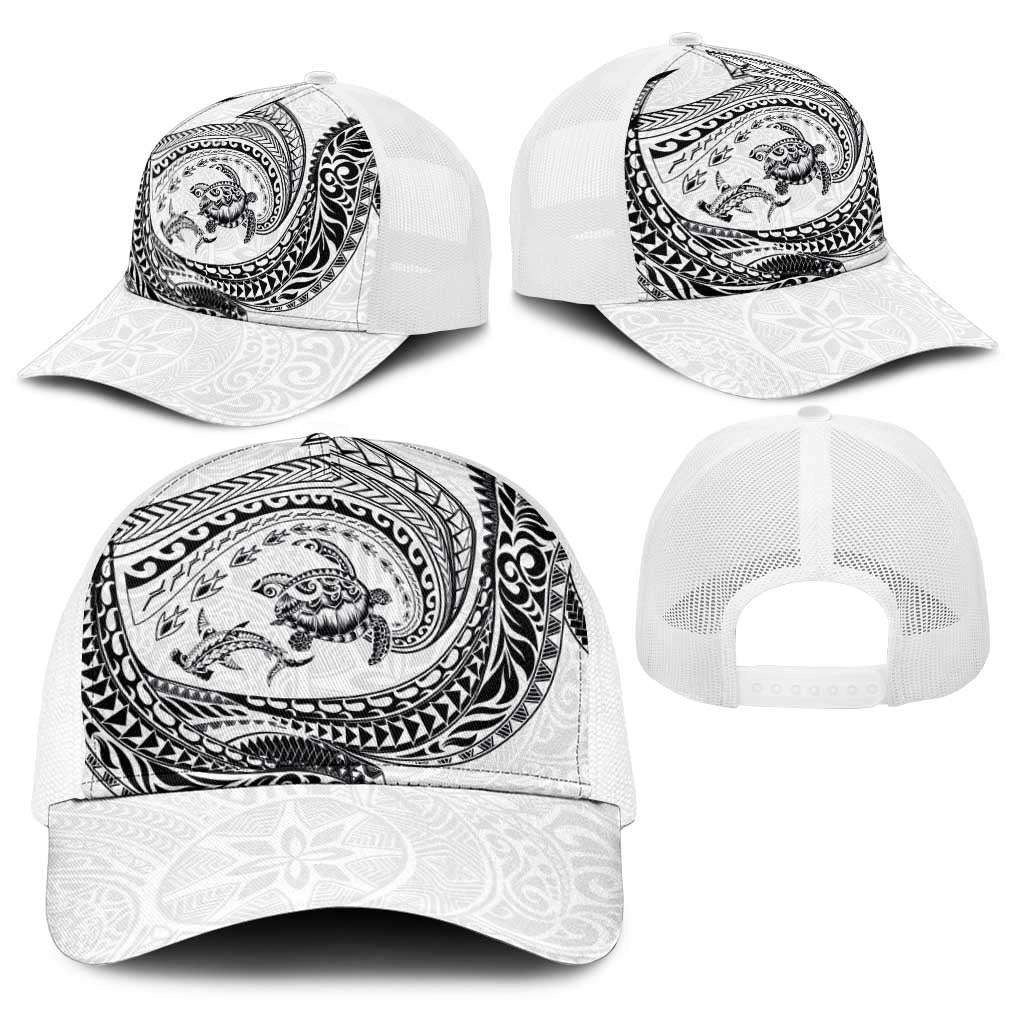 Hawaiian Turtle and Shark Baseball Net Cap Kakau Tribal with Polynesian Pattern White Color