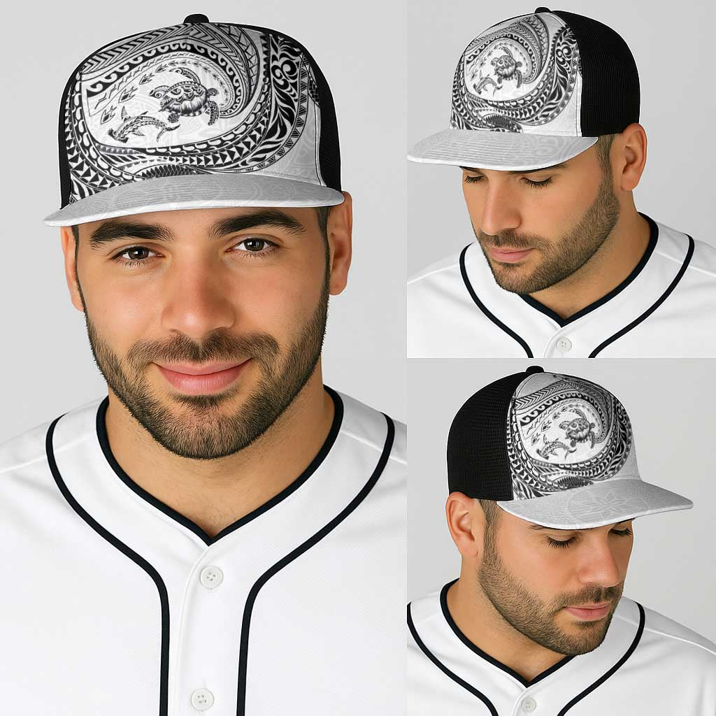 Hawaiian Turtle and Shark Baseball Net Cap Kakau Tribal with Polynesian Pattern White Color