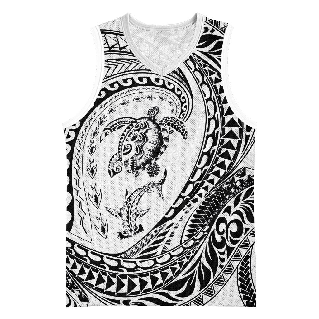 Hawaiian Turtle and Shark Basketball Jersey Kakau Tribal with Polynesian Pattern White Color