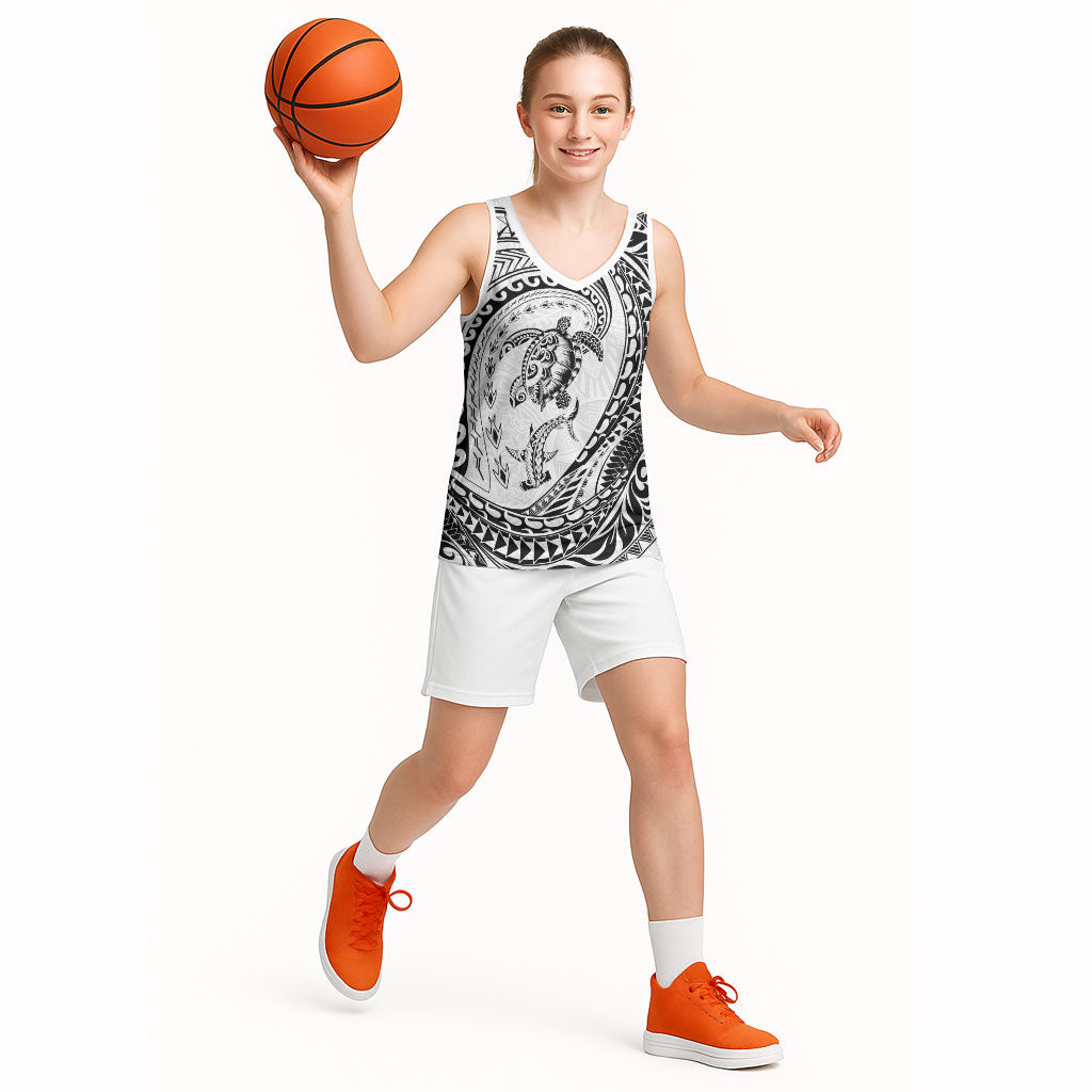 Hawaiian Turtle and Shark Basketball Jersey Kakau Tribal with Polynesian Pattern White Color