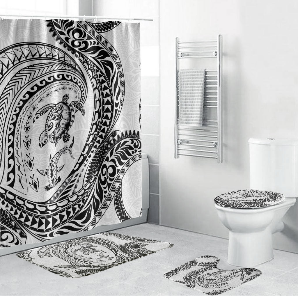 Hawaiian Turtle and Shark Bathroom Set Kakau Tribal with Polynesian Pattern White Color