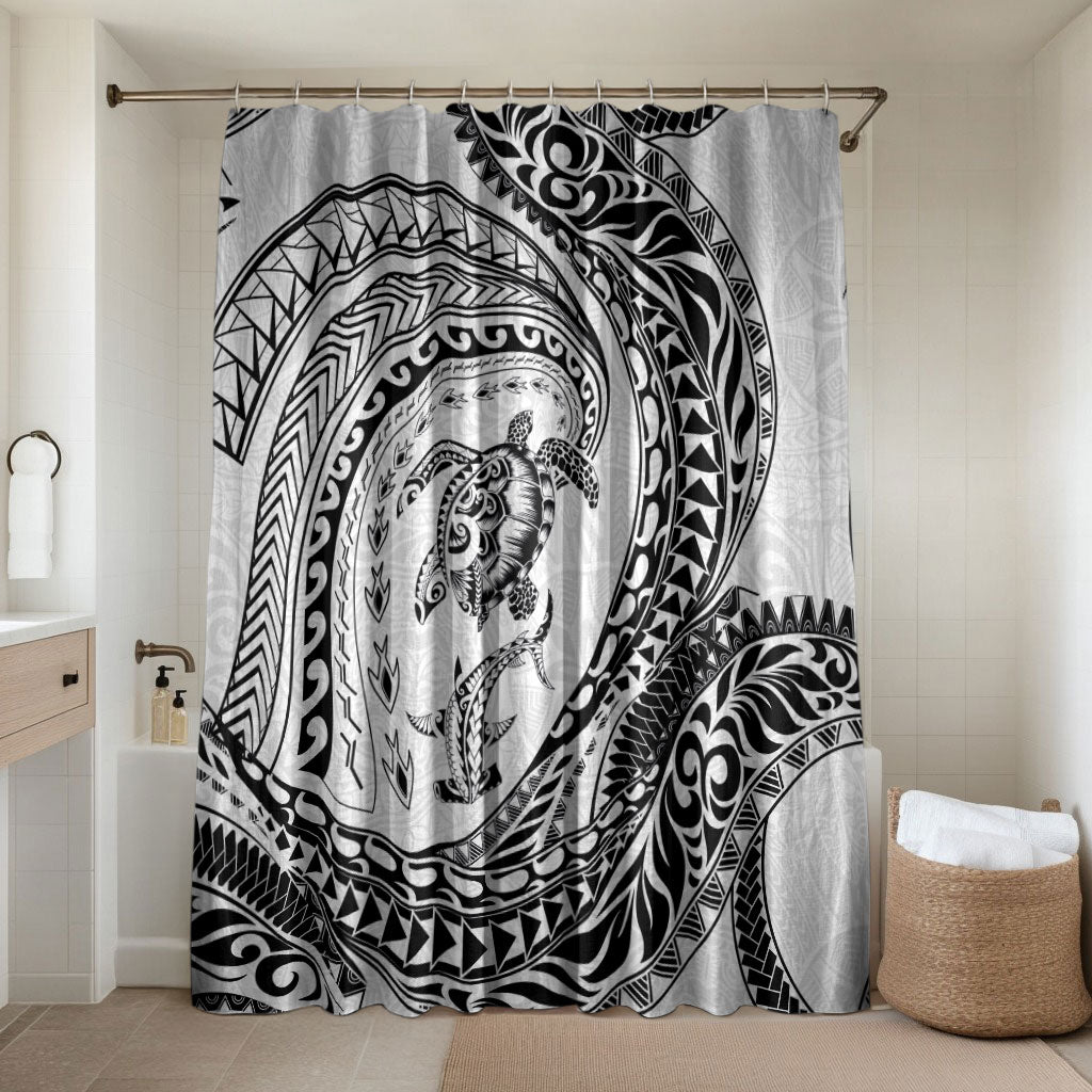 Hawaiian Turtle and Shark Bathroom Set Kakau Tribal with Polynesian Pattern White Color