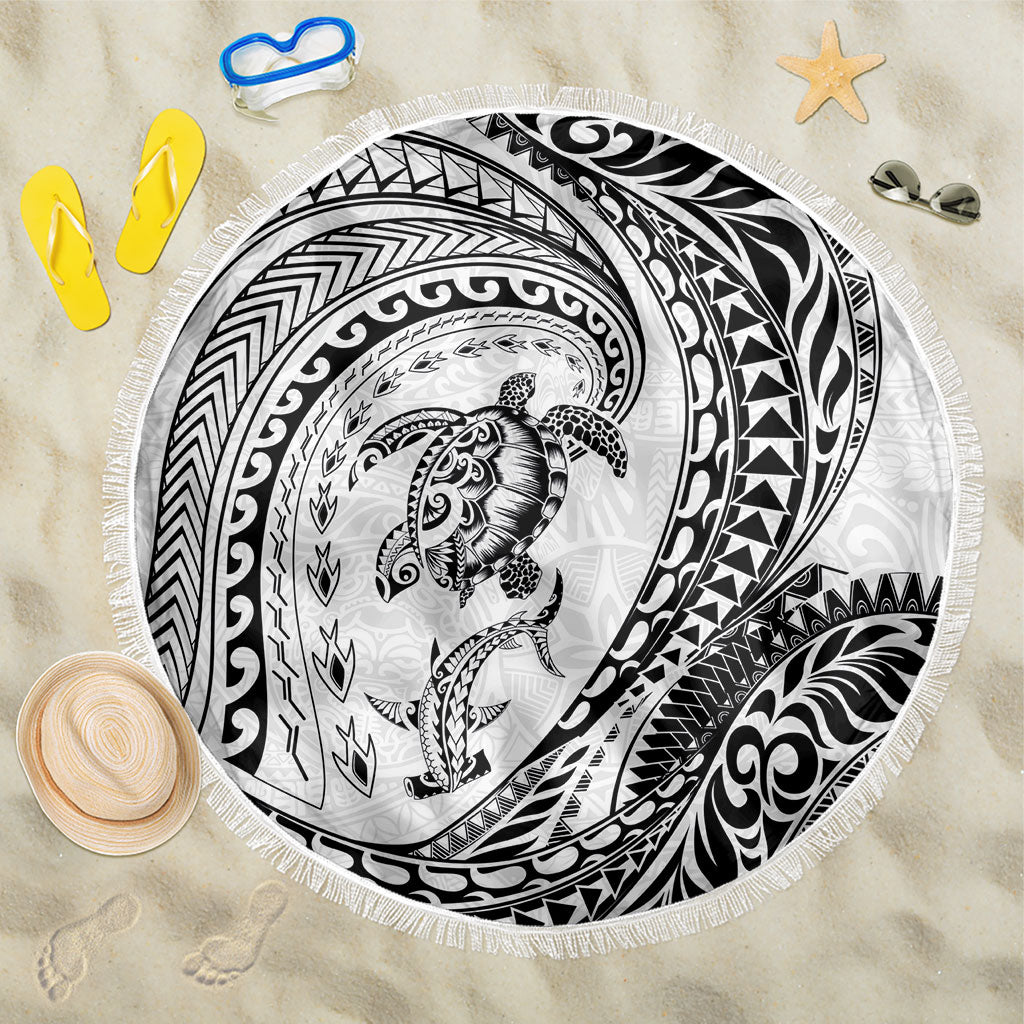 Hawaiian Turtle and Shark Beach Blanket Kakau Tribal with Polynesian Pattern White Color