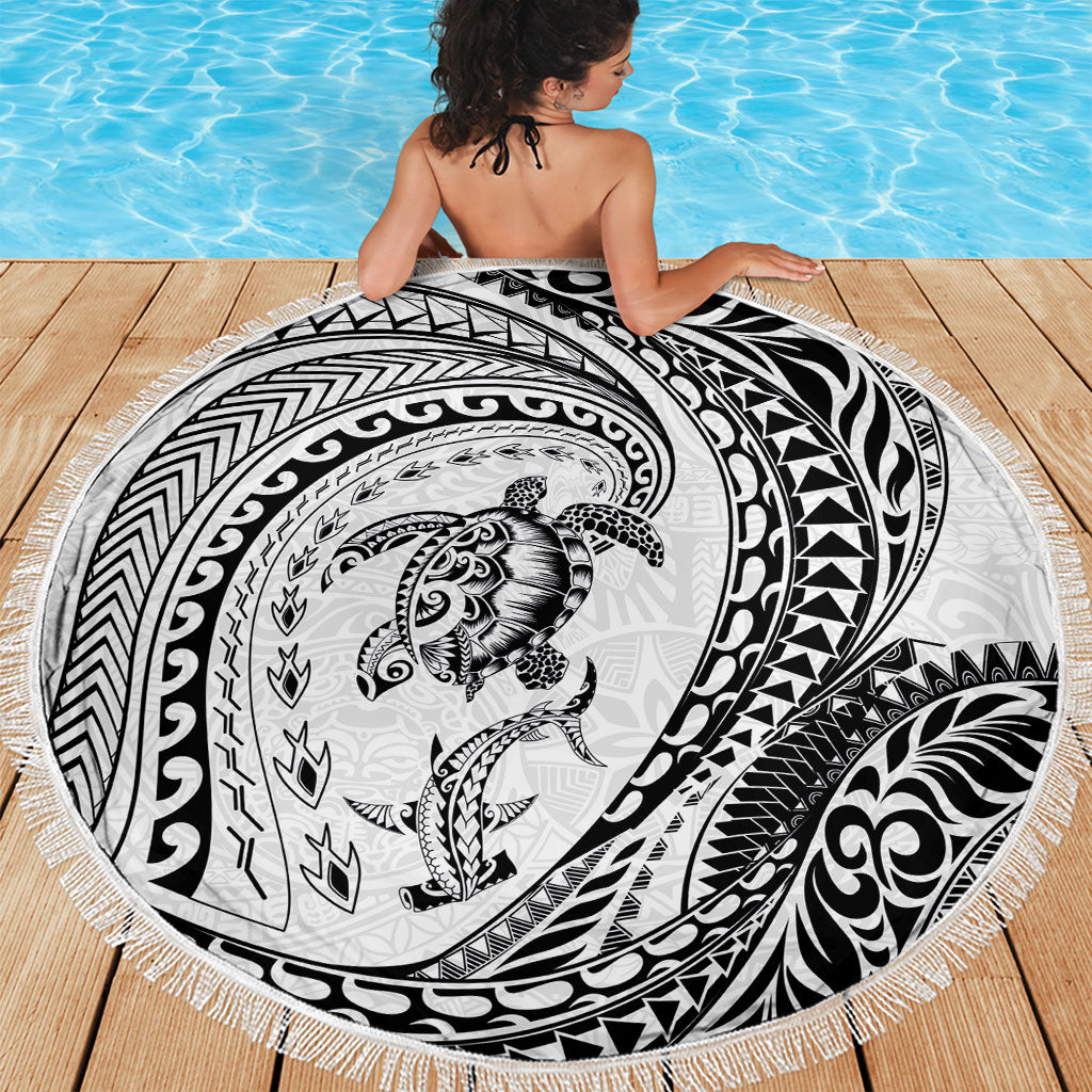 Hawaiian Turtle and Shark Beach Blanket Kakau Tribal with Polynesian Pattern White Color