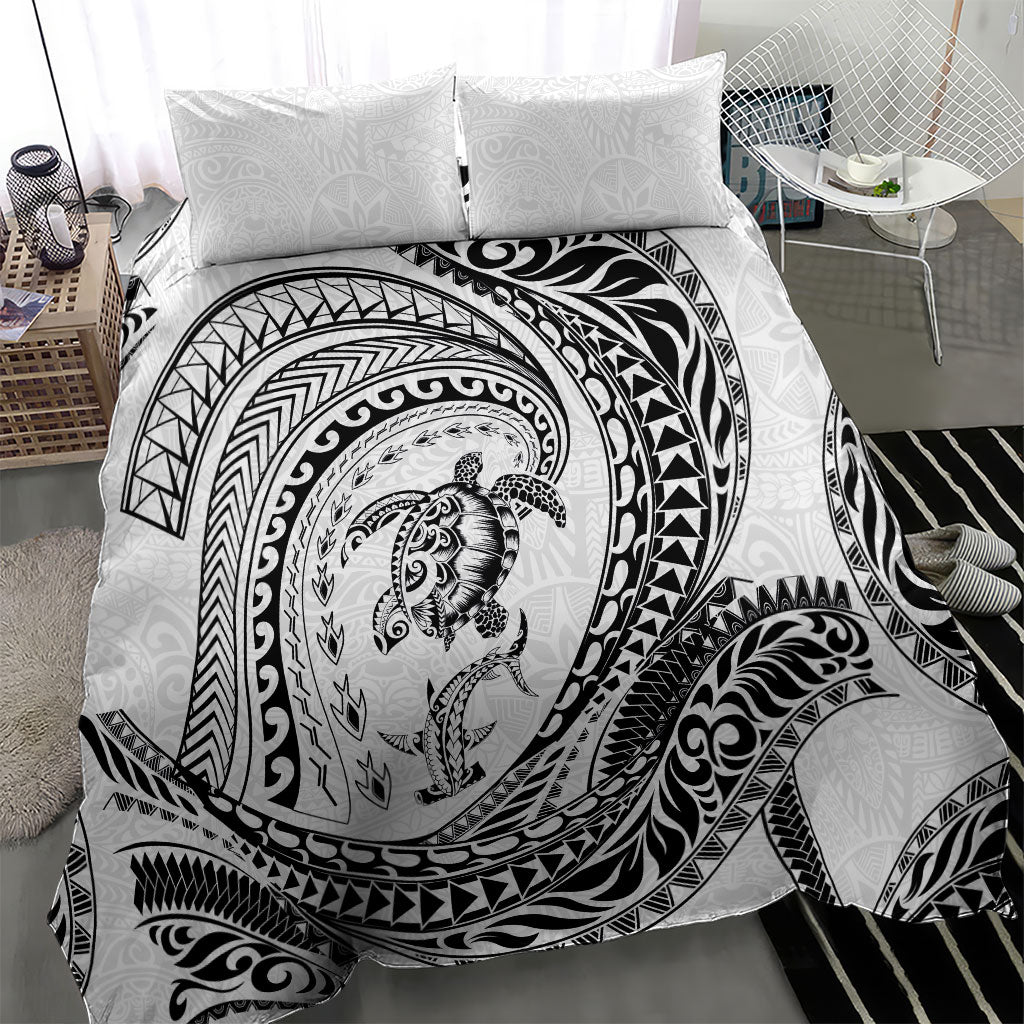 Hawaiian Turtle and Shark Bedding Set Kakau Tribal with Polynesian Pattern White Color