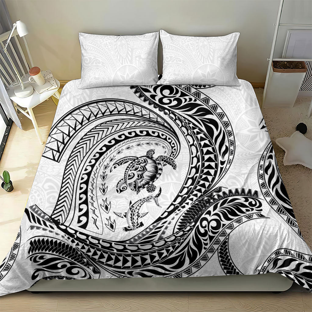 Hawaiian Turtle and Shark Bedding Set Kakau Tribal with Polynesian Pattern White Color