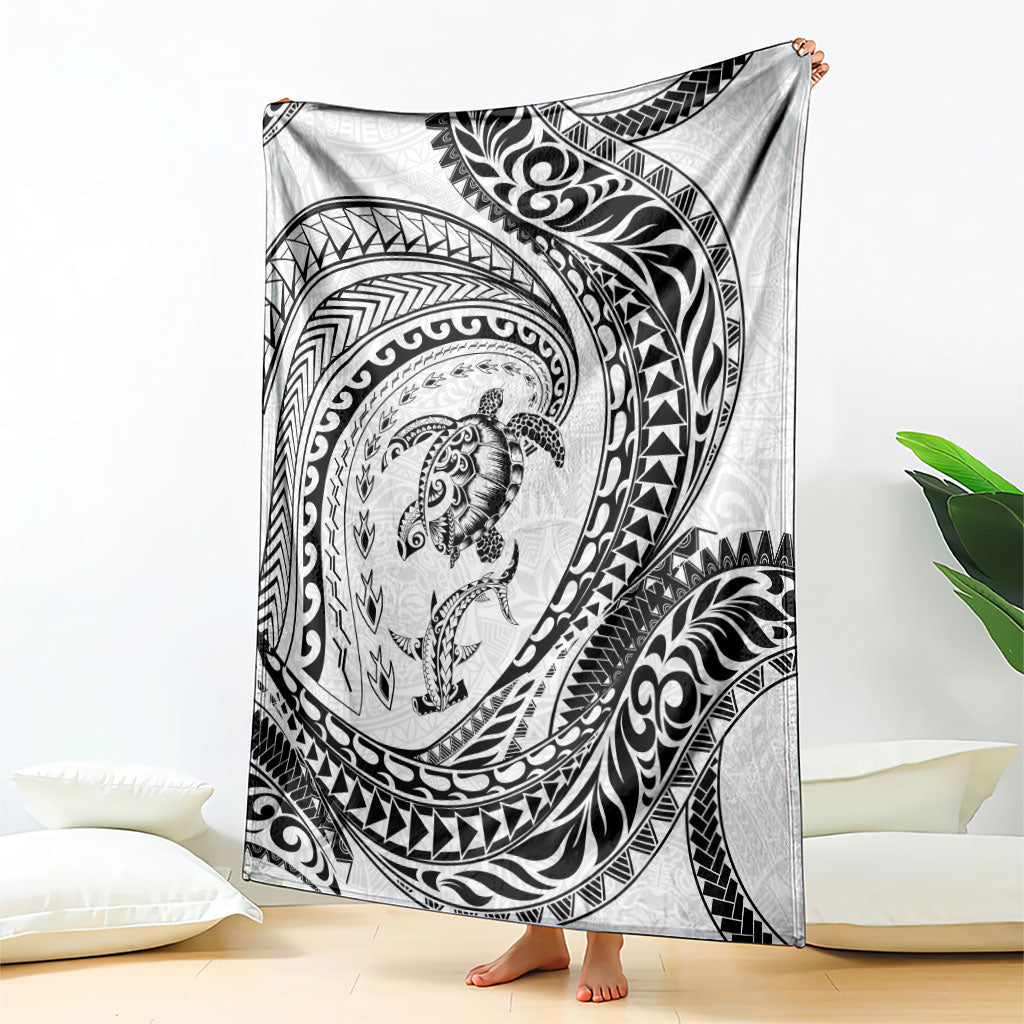 Hawaiian Turtle and Shark Blanket Kakau Tribal with Polynesian Pattern White Color
