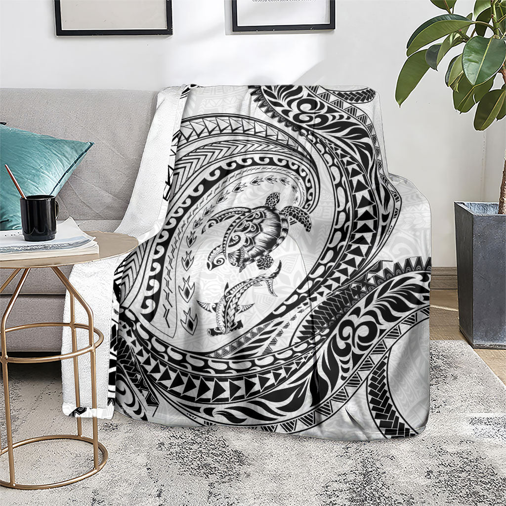 Hawaiian Turtle and Shark Blanket Kakau Tribal with Polynesian Pattern White Color