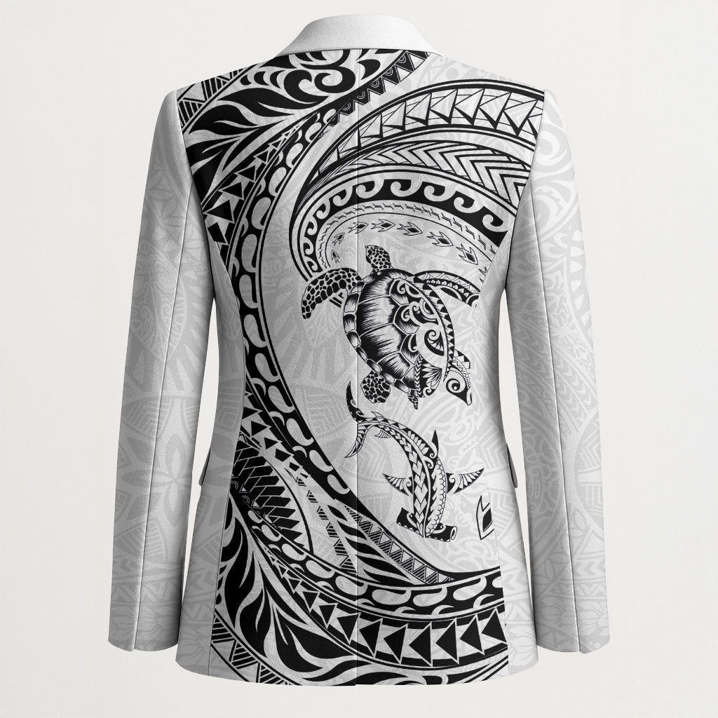 Hawaiian Turtle and Shark Blazer Kakau Tribal with Polynesian Pattern White Color
