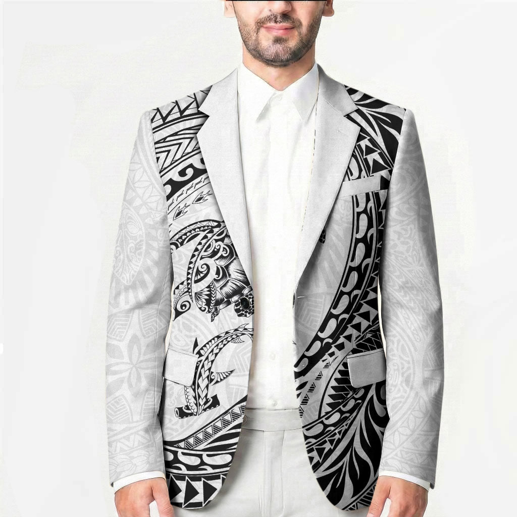 Hawaiian Turtle and Shark Blazer Kakau Tribal with Polynesian Pattern White Color