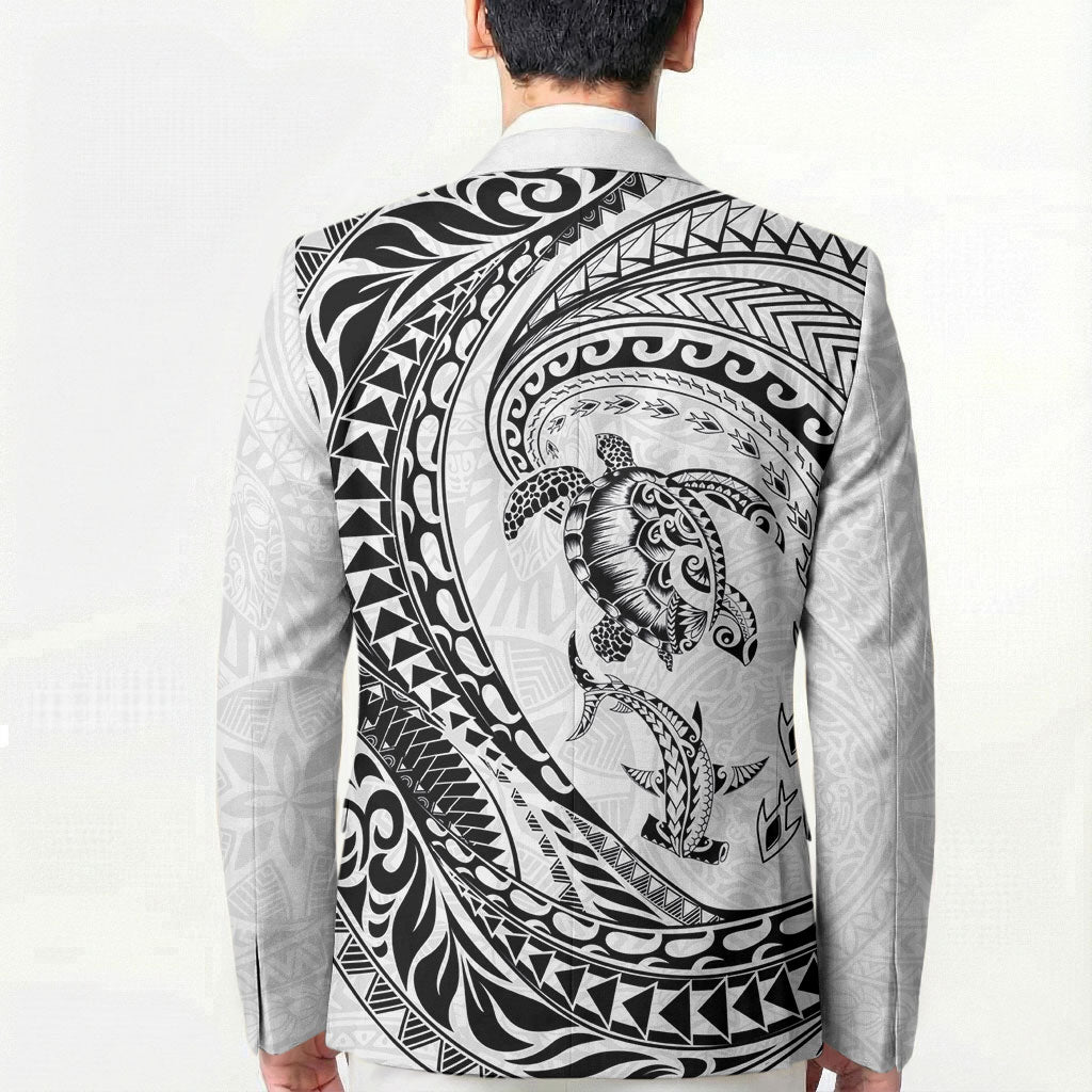 Hawaiian Turtle and Shark Blazer Kakau Tribal with Polynesian Pattern White Color