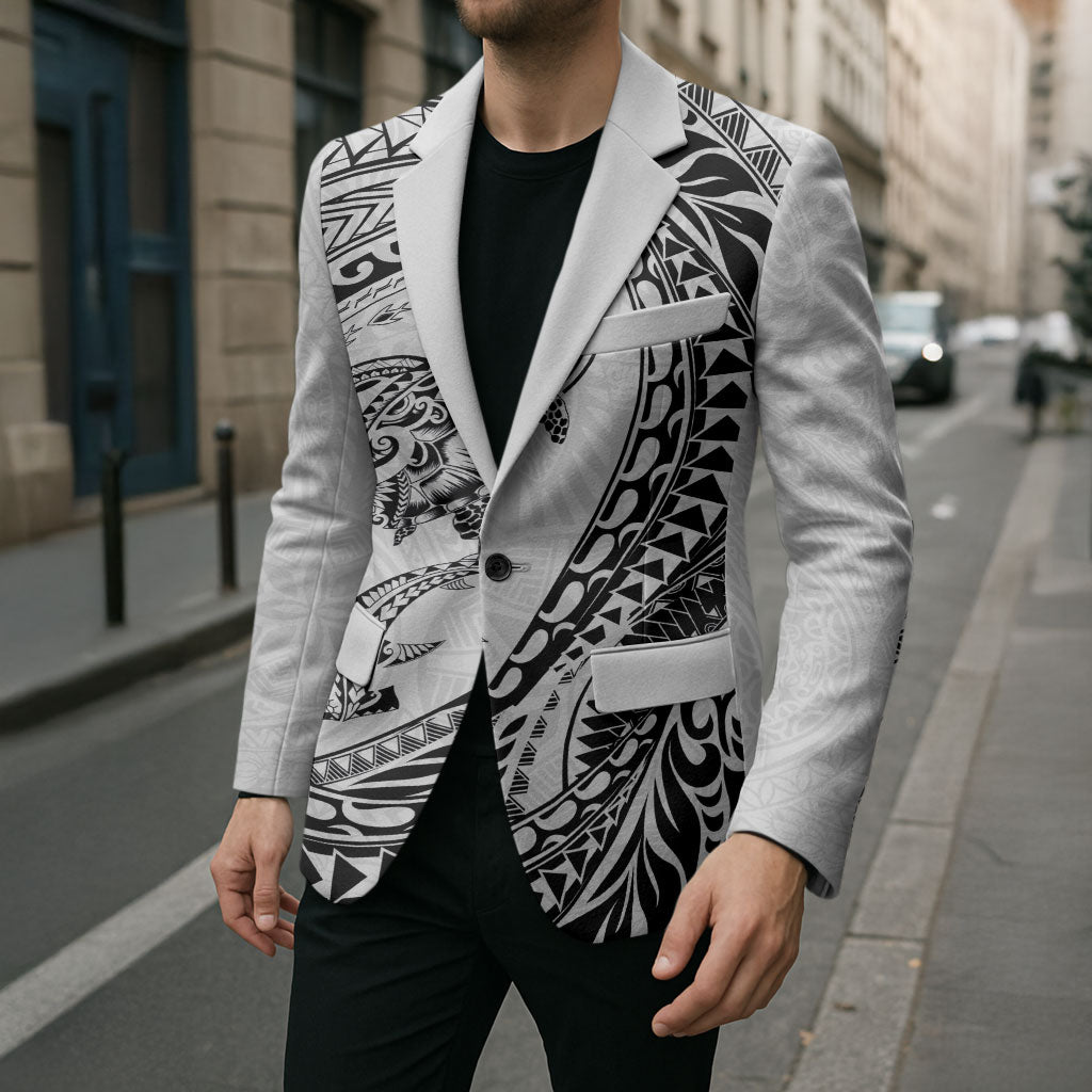 Hawaiian Turtle and Shark Blazer Kakau Tribal with Polynesian Pattern White Color