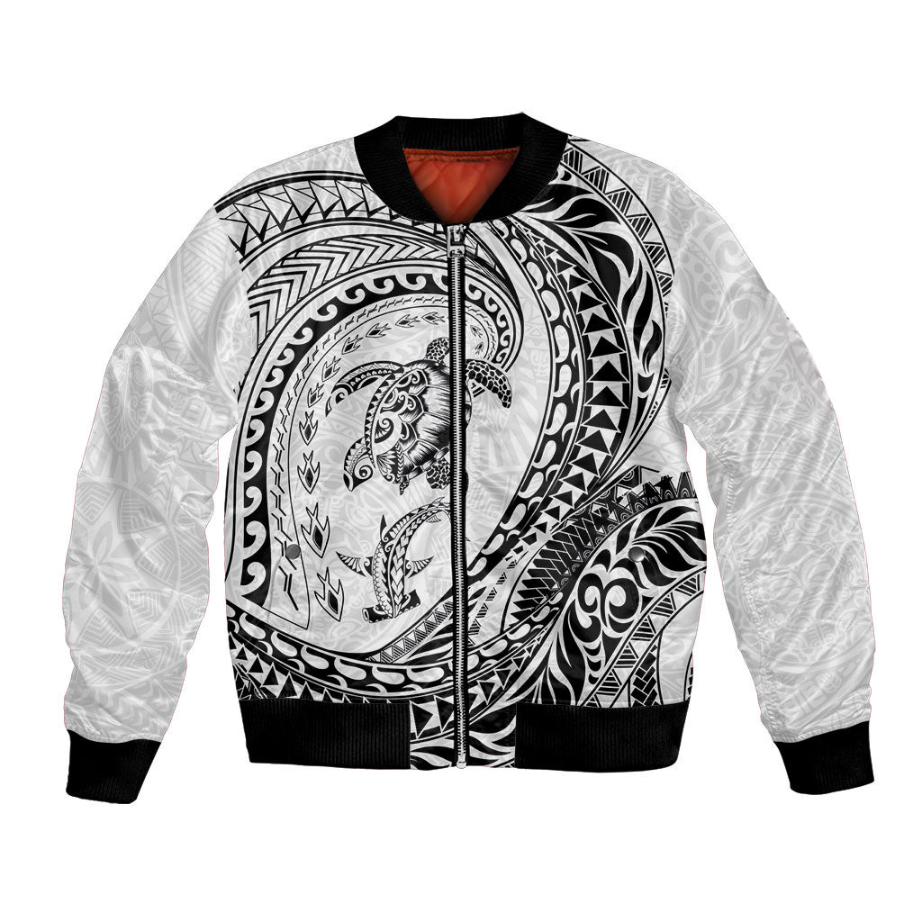 Hawaiian Turtle and Shark Bomber Jacket Kakau Tribal with Polynesian Pattern White Color