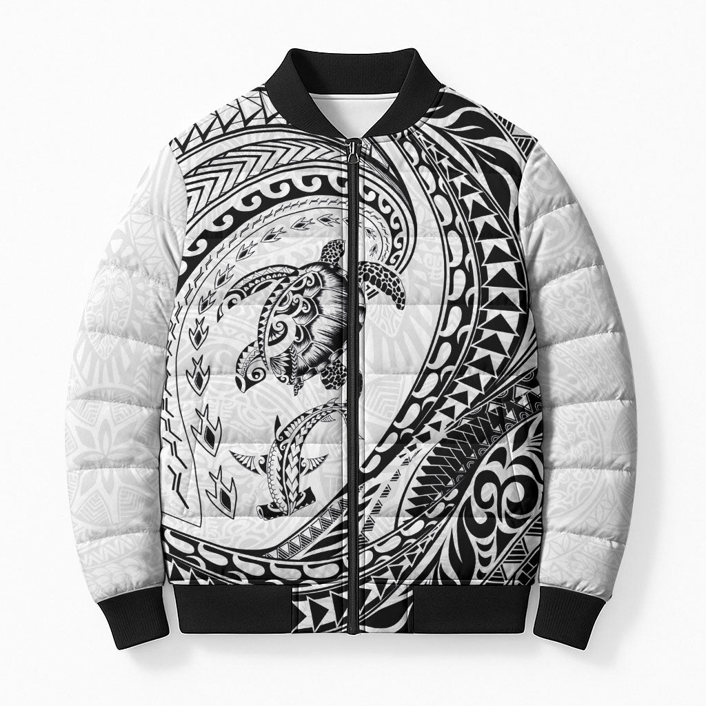 Hawaiian Turtle and Shark Bomber Puffer Jacket Kakau Tribal with Polynesian Pattern White Color