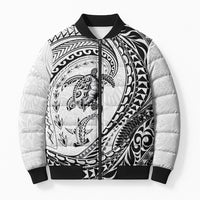 Hawaiian Turtle and Shark Bomber Puffer Jacket Kakau Tribal with Polynesian Pattern White Color