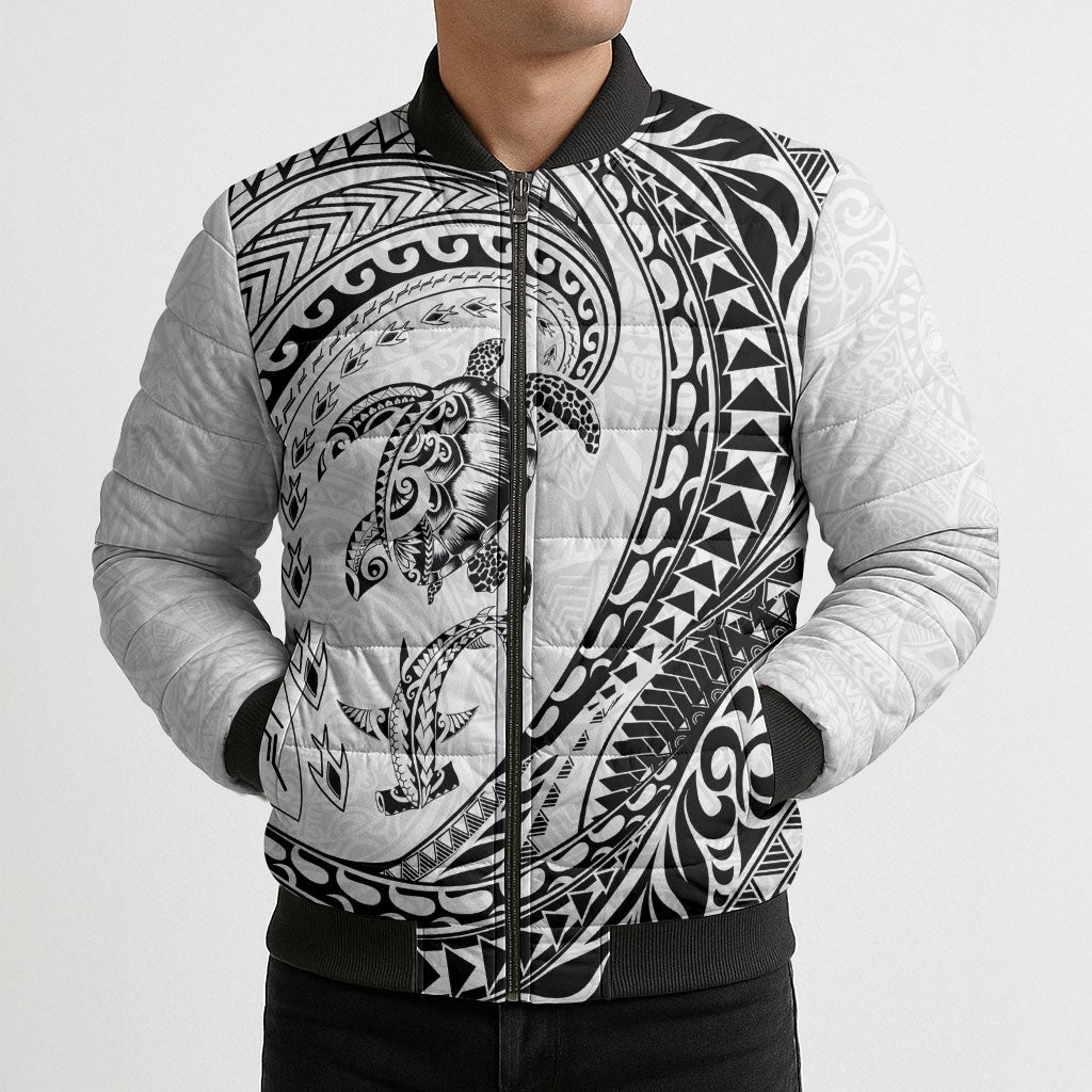 Hawaiian Turtle and Shark Bomber Puffer Jacket Kakau Tribal with Polynesian Pattern White Color