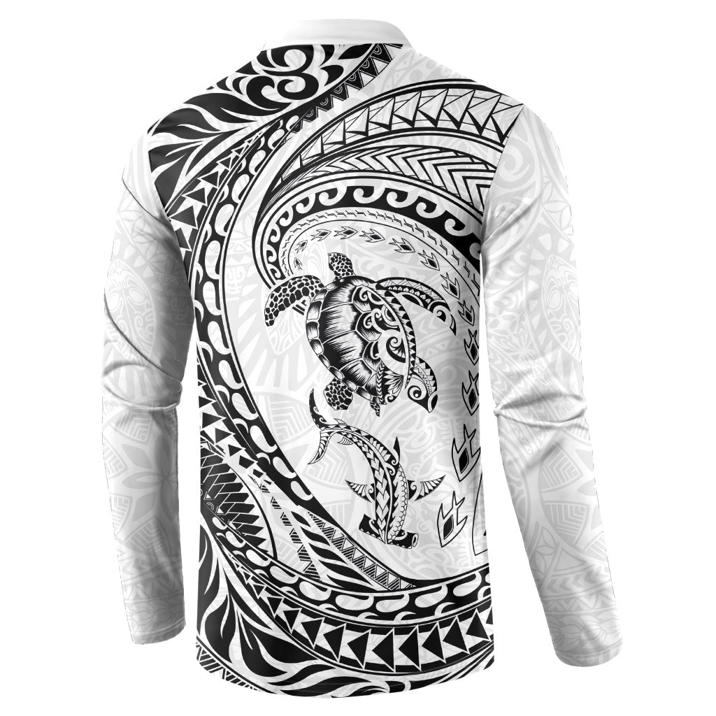 Hawaiian Turtle and Shark Button Sweatshirt Kakau Tribal with Polynesian Pattern White Color