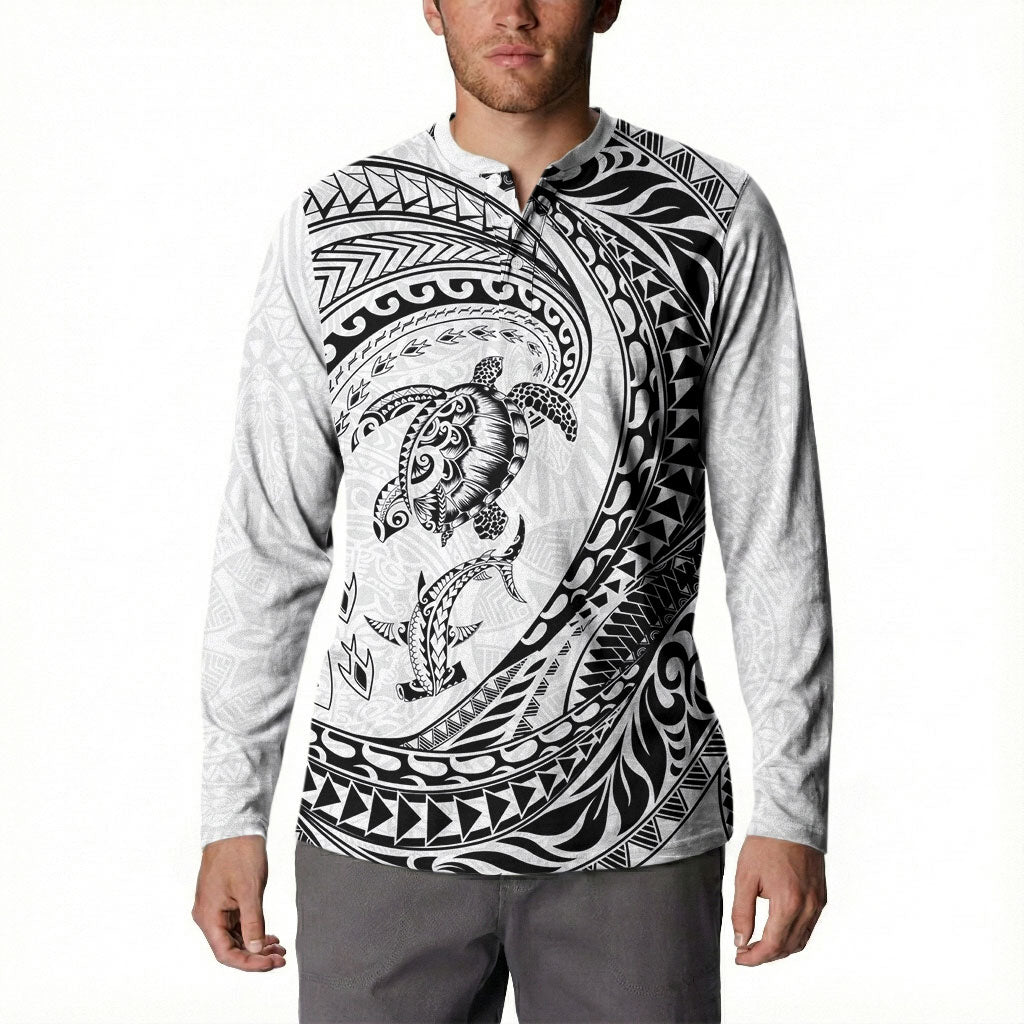 Hawaiian Turtle and Shark Button Sweatshirt Kakau Tribal with Polynesian Pattern White Color