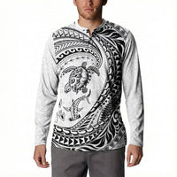Hawaiian Turtle and Shark Button Sweatshirt Kakau Tribal with Polynesian Pattern White Color