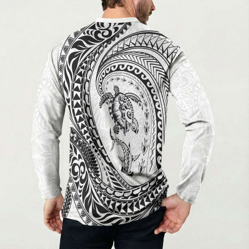 Hawaiian Turtle and Shark Button Sweatshirt Kakau Tribal with Polynesian Pattern White Color
