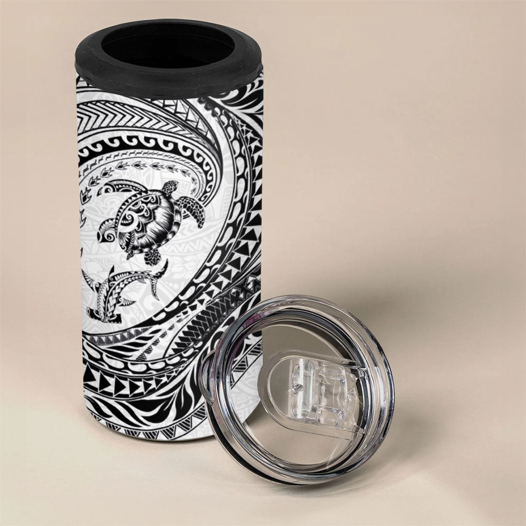 Hawaiian Turtle and Shark 4 in 1 Can Cooler Tumbler Kakau Tribal with Polynesian Pattern White Color