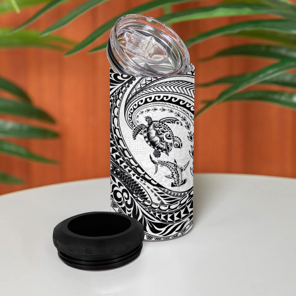 Hawaiian Turtle and Shark 4 in 1 Can Cooler Tumbler Kakau Tribal with Polynesian Pattern White Color